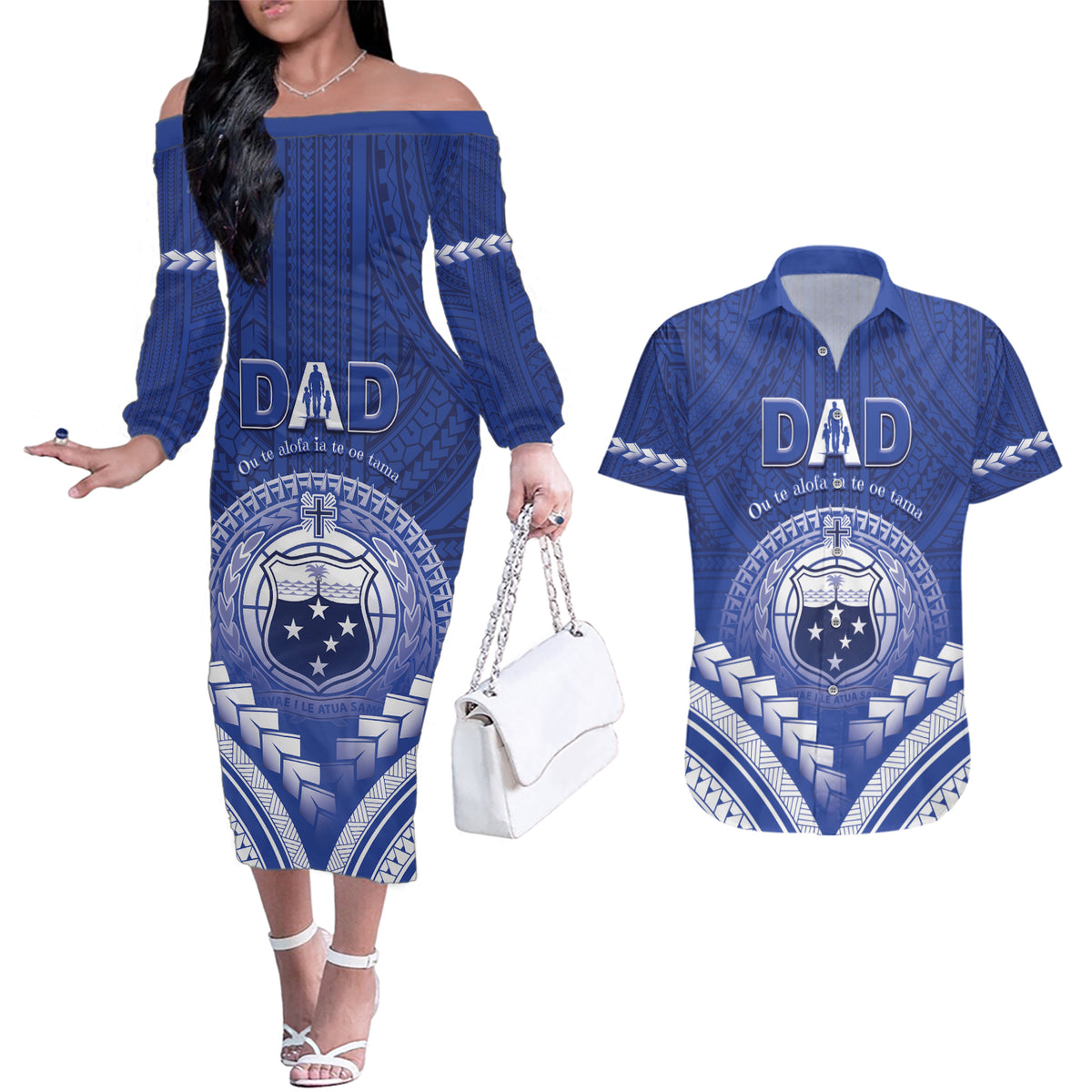 Personalised Samoa Happy Father's Day Couples Matching Off The Shoulder Long Sleeve Dress and Hawaiian Shirt Ou Te Alofa Ia Te Oe Tama Dad Polynesian Tribal LT05 Blue - Polynesian Pride