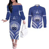 Personalised Samoa Happy Father's Day Couples Matching Off The Shoulder Long Sleeve Dress and Long Sleeve Button Shirt Ou Te Alofa Ia Te Oe Tama Dad Polynesian Tribal LT05 Blue - Polynesian Pride