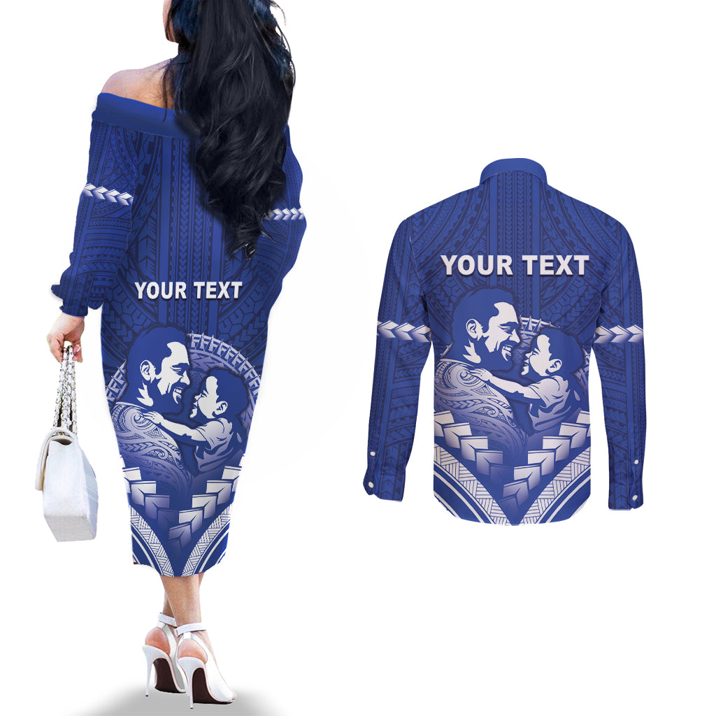Personalised Samoa Happy Father's Day Couples Matching Off The Shoulder Long Sleeve Dress and Long Sleeve Button Shirt Ou Te Alofa Ia Te Oe Tama Dad Polynesian Tribal LT05 - Polynesian Pride