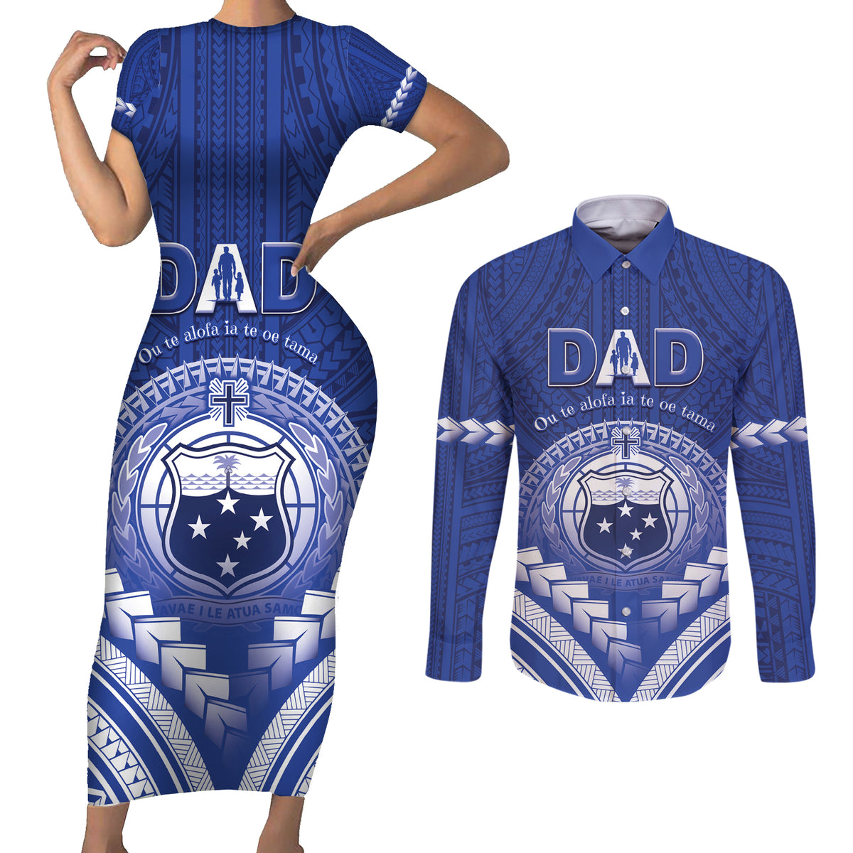 Personalised Samoa Happy Father's Day Couples Matching Short Sleeve Bodycon Dress and Long Sleeve Button Shirt Ou Te Alofa Ia Te Oe Tama Dad Polynesian Tribal LT05 Blue - Polynesian Pride