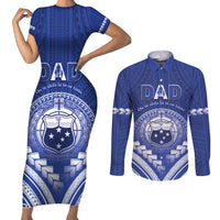 Personalised Samoa Happy Father's Day Couples Matching Short Sleeve Bodycon Dress and Long Sleeve Button Shirt Ou Te Alofa Ia Te Oe Tama Dad Polynesian Tribal LT05 Blue - Polynesian Pride
