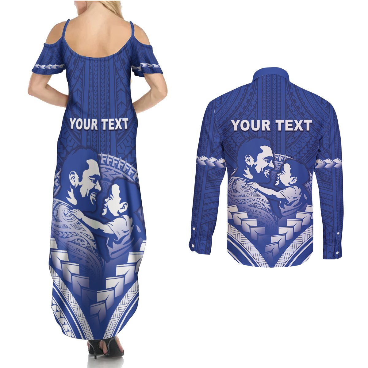 Personalised Samoa Happy Father's Day Couples Matching Summer Maxi Dress and Long Sleeve Button Shirt Ou Te Alofa Ia Te Oe Tama Dad Polynesian Tribal LT05 - Polynesian Pride