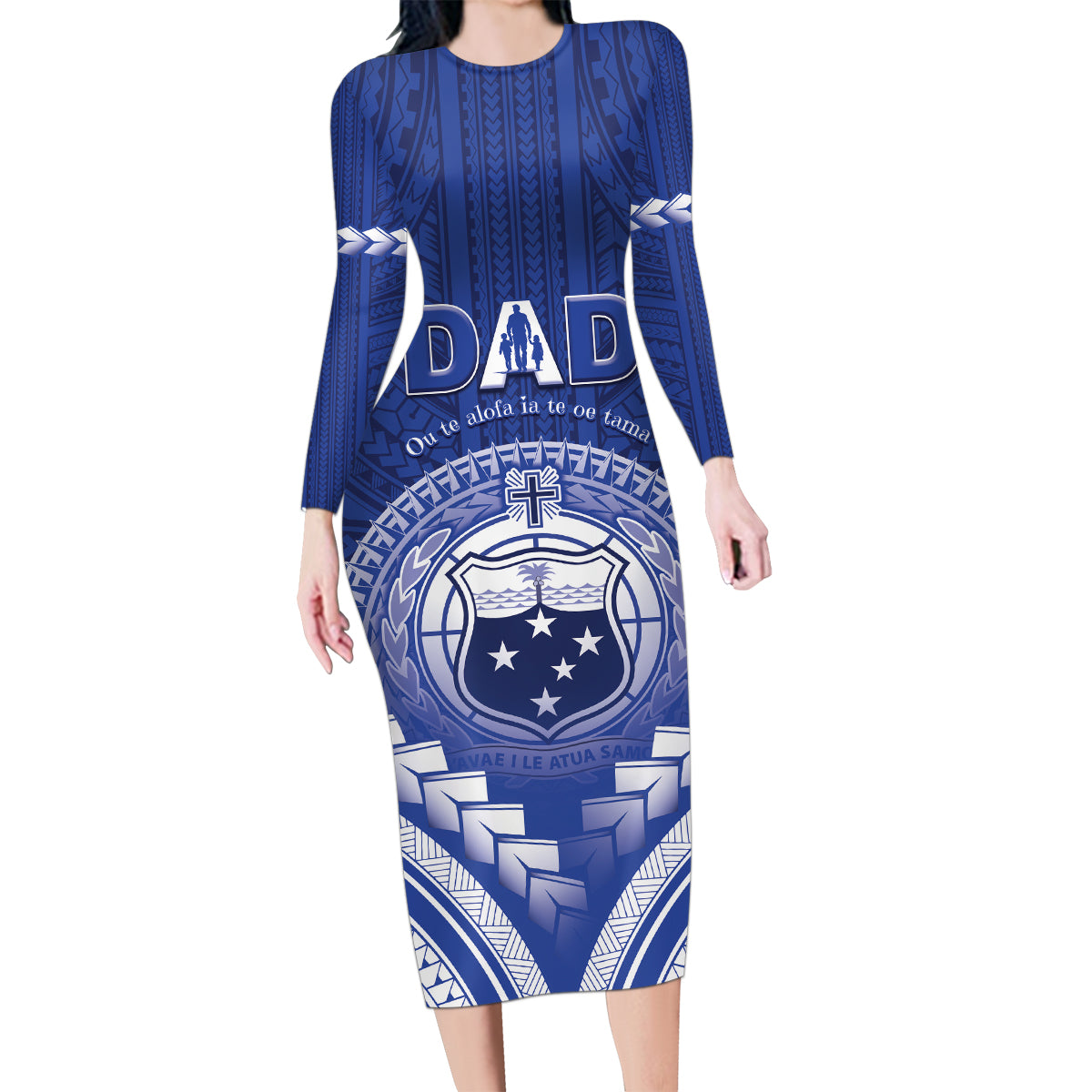 Personalised Samoa Happy Father's Day Family Matching Long Sleeve Bodycon Dress and Hawaiian Shirt Ou Te Alofa Ia Te Oe Tama Dad Polynesian Tribal LT05 Mom's Dress Blue - Polynesian Pride