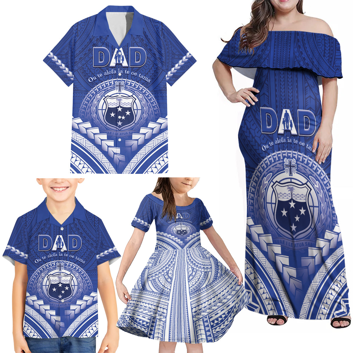 Personalised Samoa Happy Father's Day Family Matching Off Shoulder Maxi Dress and Hawaiian Shirt Ou Te Alofa Ia Te Oe Tama Dad Polynesian Tribal LT05 - Polynesian Pride