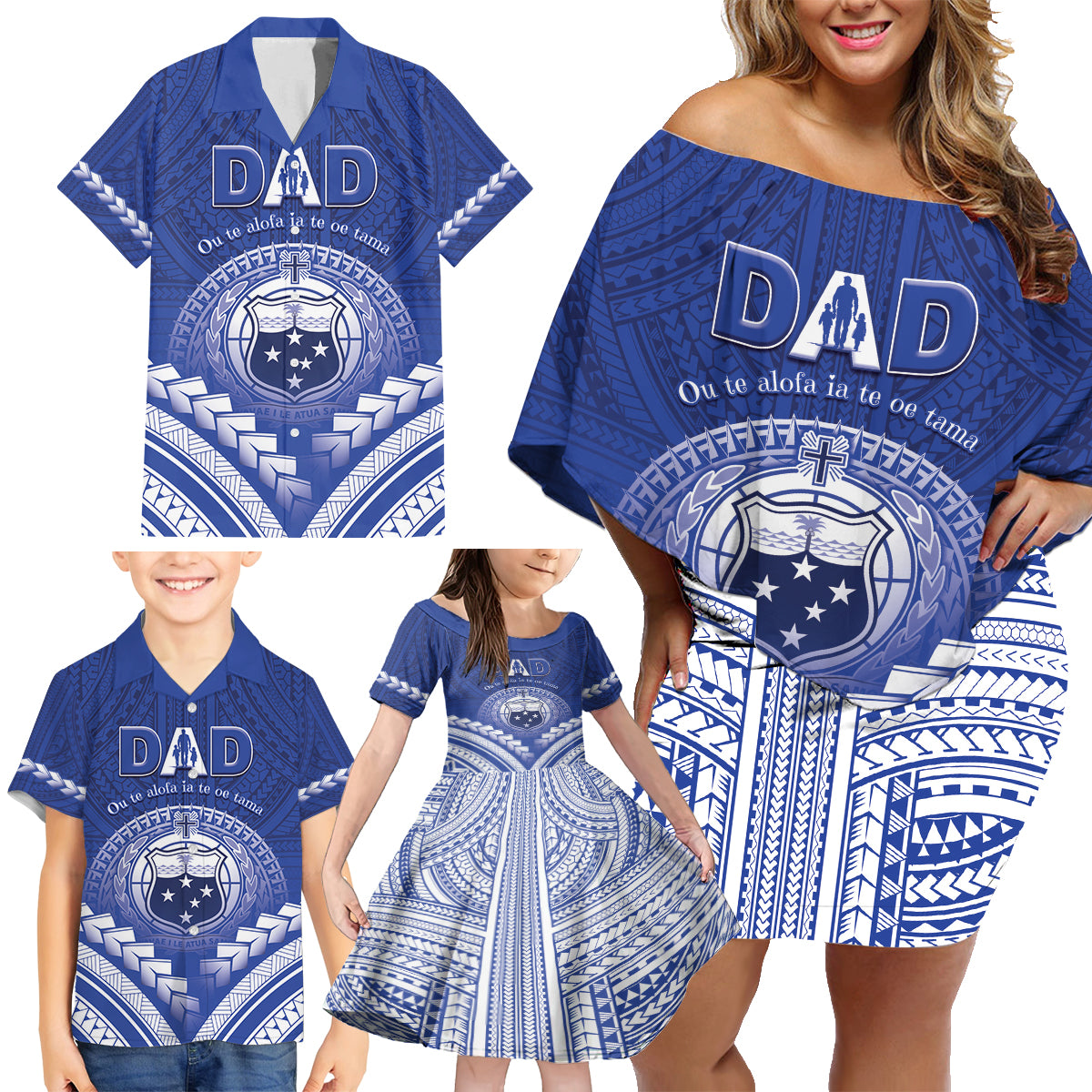 Personalised Samoa Happy Father's Day Family Matching Off Shoulder Short Dress and Hawaiian Shirt Ou Te Alofa Ia Te Oe Tama Dad Polynesian Tribal LT05 - Polynesian Pride