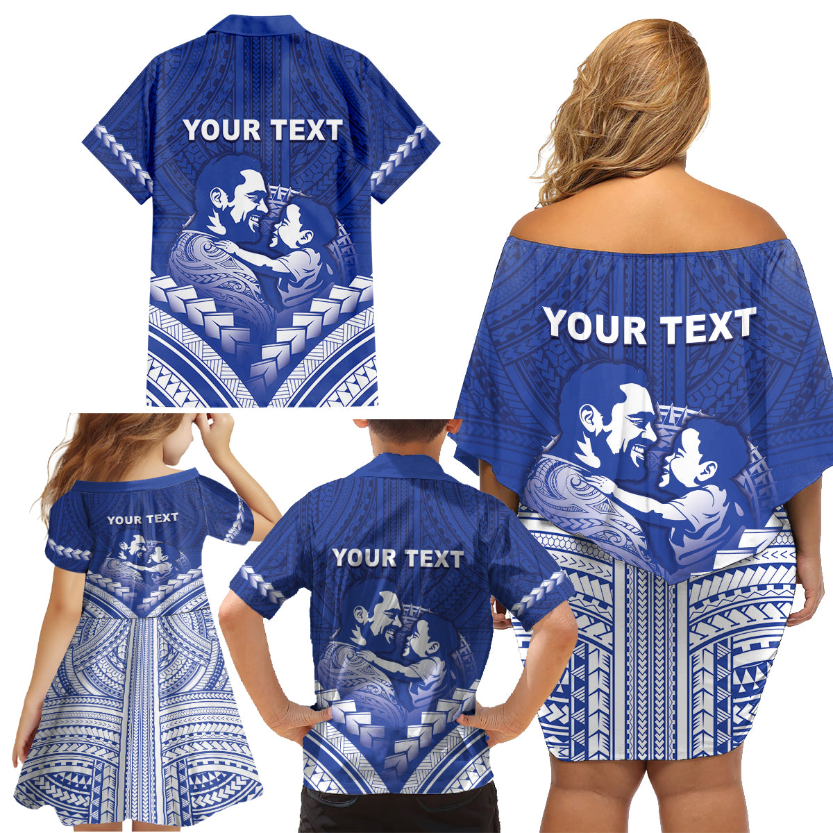 Personalised Samoa Happy Father's Day Family Matching Off Shoulder Short Dress and Hawaiian Shirt Ou Te Alofa Ia Te Oe Tama Dad Polynesian Tribal LT05 - Polynesian Pride