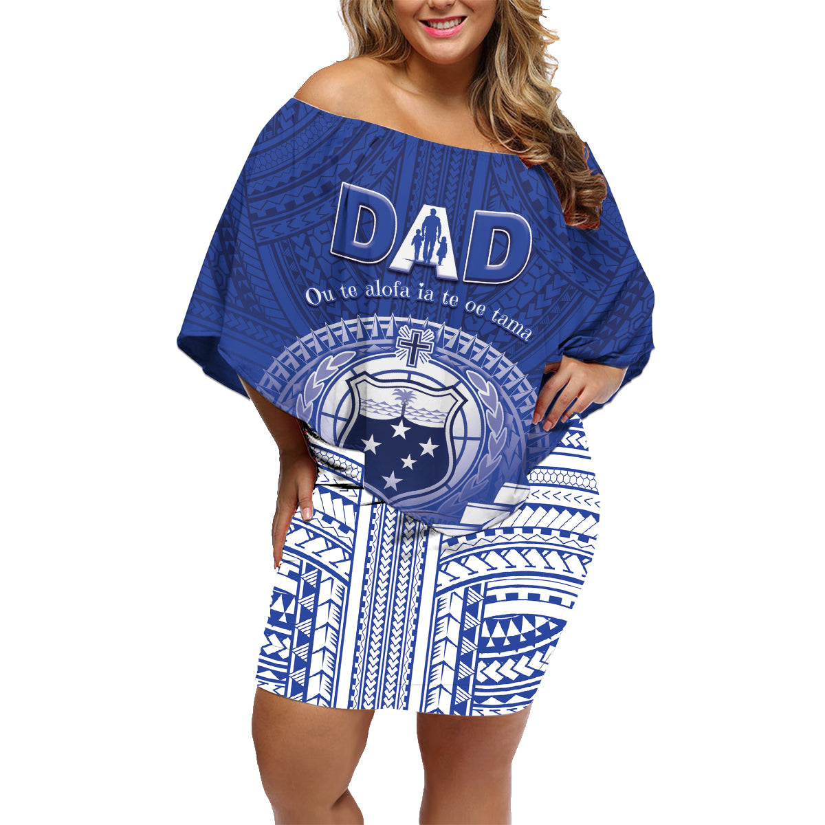 Personalised Samoa Happy Father's Day Family Matching Off Shoulder Short Dress and Hawaiian Shirt Ou Te Alofa Ia Te Oe Tama Dad Polynesian Tribal LT05 Mom's Dress Blue - Polynesian Pride