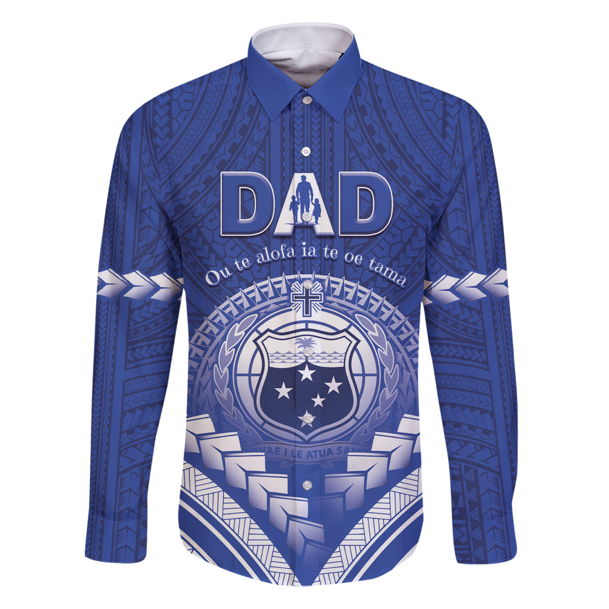 Personalised Samoa Happy Father's Day Family Matching Puletasi and Hawaiian Shirt Ou Te Alofa Ia Te Oe Tama Dad Polynesian Tribal LT05 Dad's Shirt - Long Sleeve Blue - Polynesian Pride