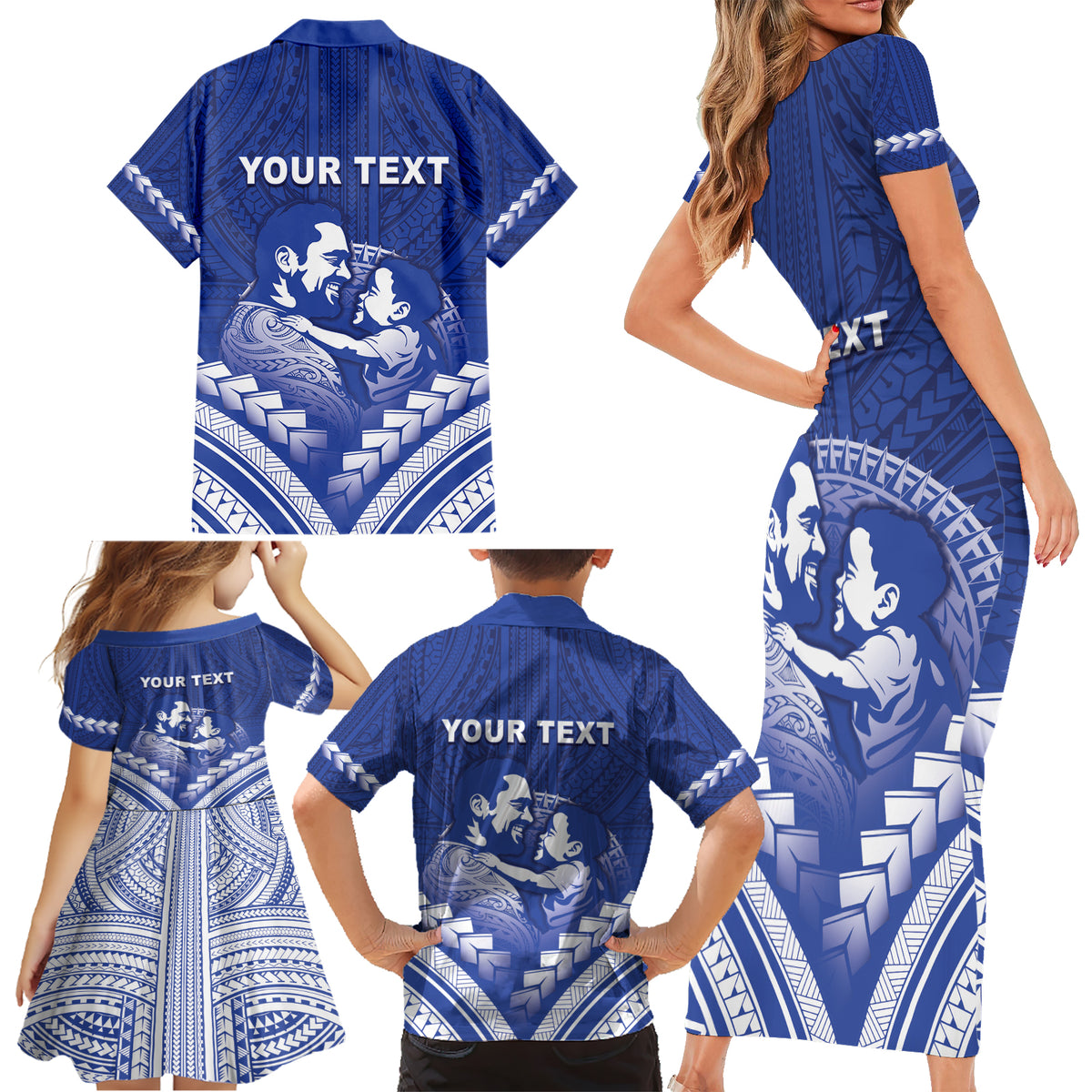 Personalised Samoa Happy Father's Day Family Matching Short Sleeve Bodycon Dress and Hawaiian Shirt Ou Te Alofa Ia Te Oe Tama Dad Polynesian Tribal LT05 - Polynesian Pride