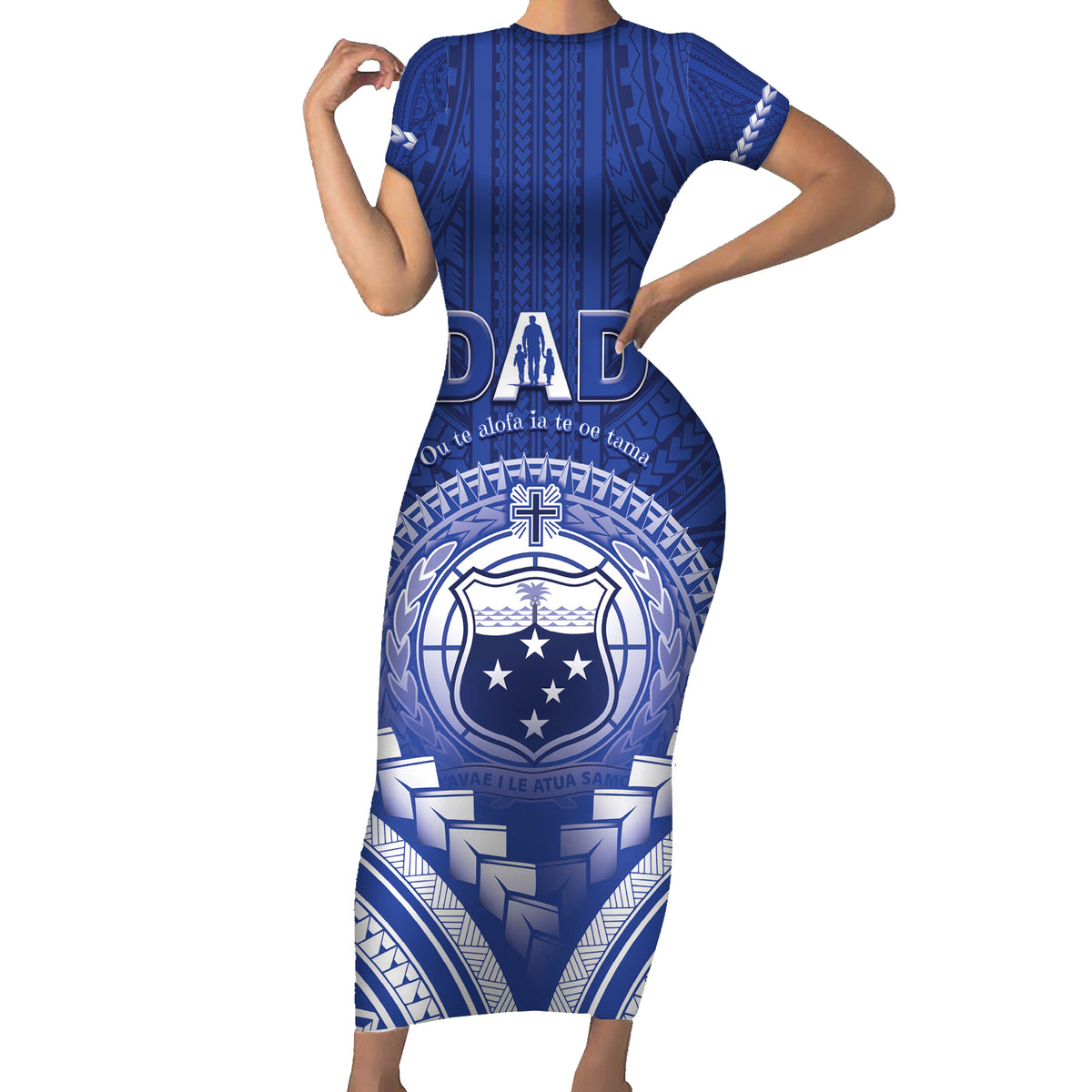 Personalised Samoa Happy Father's Day Family Matching Short Sleeve Bodycon Dress and Hawaiian Shirt Ou Te Alofa Ia Te Oe Tama Dad Polynesian Tribal LT05 Mom's Dress Blue - Polynesian Pride