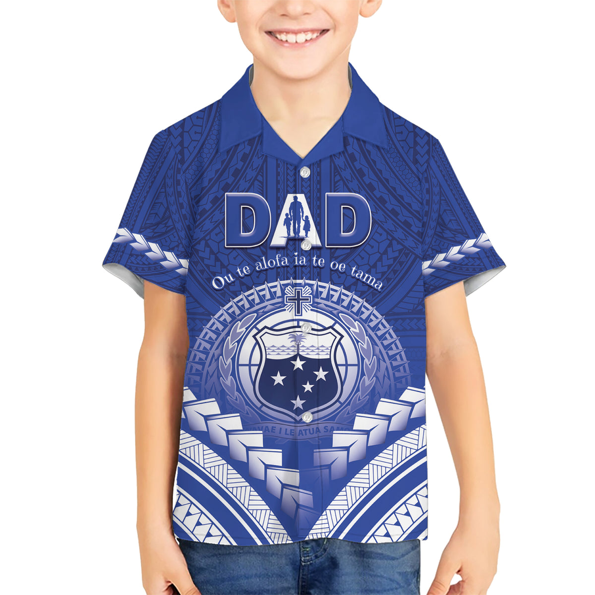 Personalised Samoa Happy Father's Day Family Matching Short Sleeve Bodycon Dress and Hawaiian Shirt Ou Te Alofa Ia Te Oe Tama Dad Polynesian Tribal LT05 Son's Shirt Blue - Polynesian Pride