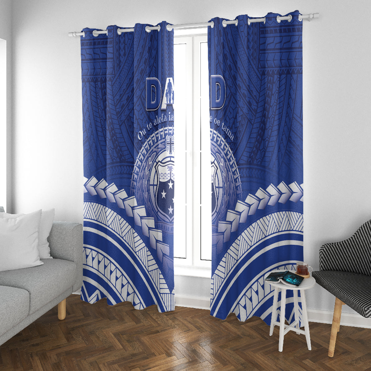 Samoa Happy Father's Day Window Curtain Ou Te Alofa Ia Te Oe Tama Dad Polynesian Tribal LT05 With Grommets Blue - Polynesian Pride