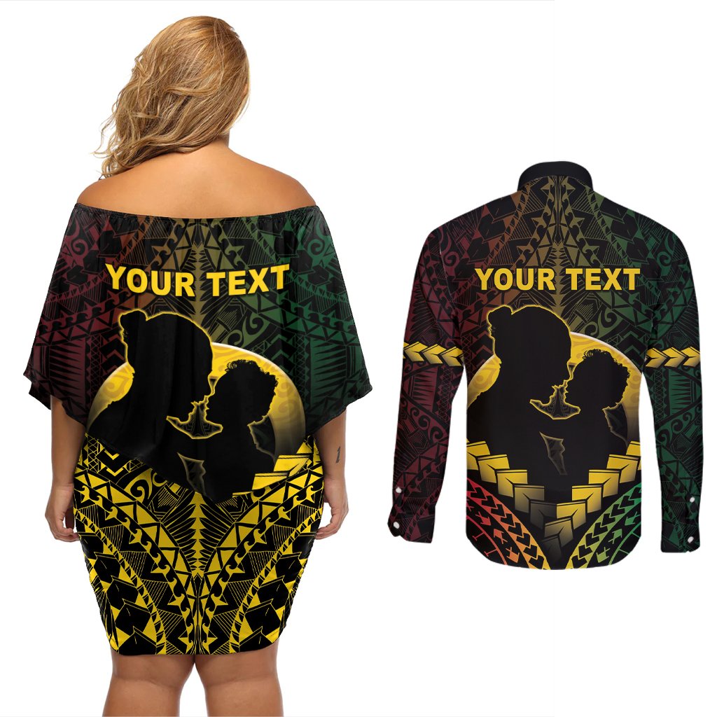 Personalised Vanuatu Happy Father's Day Couples Matching Off Shoulder Short Dress and Long Sleeve Button Shirt Mi Lavem Yu Papa Polynesian Tribal LT05 - Polynesian Pride