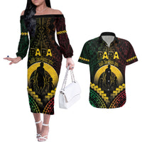 Personalised Vanuatu Happy Father's Day Couples Matching Off The Shoulder Long Sleeve Dress and Hawaiian Shirt Mi Lavem Yu Papa Polynesian Tribal LT05 Reggae - Polynesian Pride