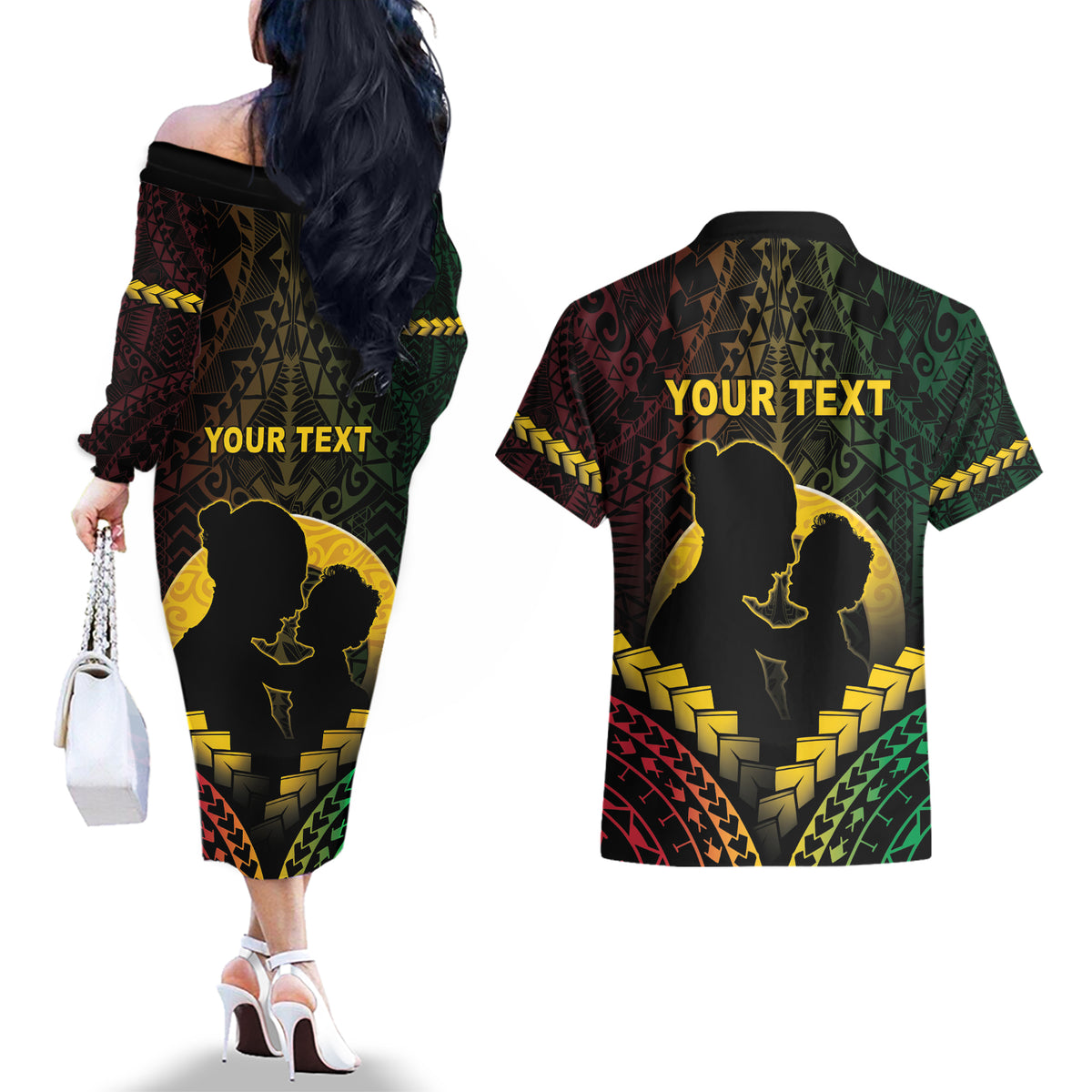 Personalised Vanuatu Happy Father's Day Couples Matching Off The Shoulder Long Sleeve Dress and Hawaiian Shirt Mi Lavem Yu Papa Polynesian Tribal LT05 - Polynesian Pride