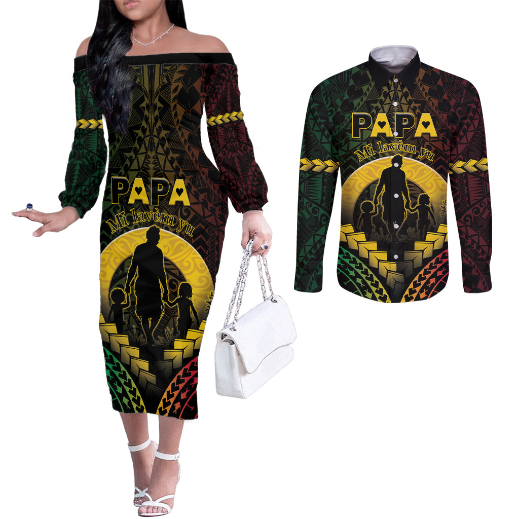Personalised Vanuatu Happy Father's Day Couples Matching Off The Shoulder Long Sleeve Dress and Long Sleeve Button Shirt Mi Lavem Yu Papa Polynesian Tribal LT05 Reggae - Polynesian Pride