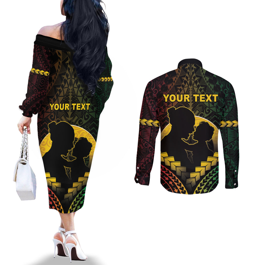 Personalised Vanuatu Happy Father's Day Couples Matching Off The Shoulder Long Sleeve Dress and Long Sleeve Button Shirt Mi Lavem Yu Papa Polynesian Tribal LT05 - Polynesian Pride