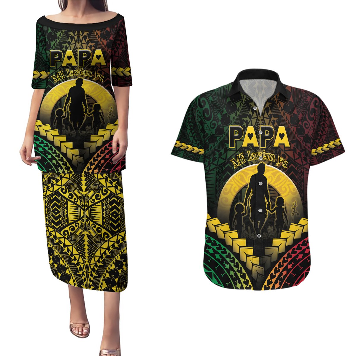 Personalised Vanuatu Happy Father's Day Couples Matching Puletasi and Hawaiian Shirt Mi Lavem Yu Papa Polynesian Tribal LT05 Reggae - Polynesian Pride