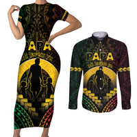 Personalised Vanuatu Happy Father's Day Couples Matching Short Sleeve Bodycon Dress and Long Sleeve Button Shirt Mi Lavem Yu Papa Polynesian Tribal LT05 Reggae - Polynesian Pride