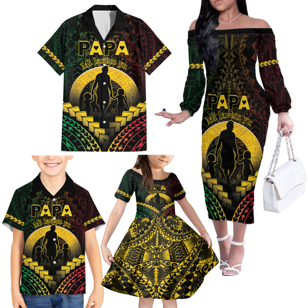 Personalised Vanuatu Happy Father's Day Family Matching Off The Shoulder Long Sleeve Dress and Hawaiian Shirt Mi Lavem Yu Papa Polynesian Tribal LT05 - Polynesian Pride