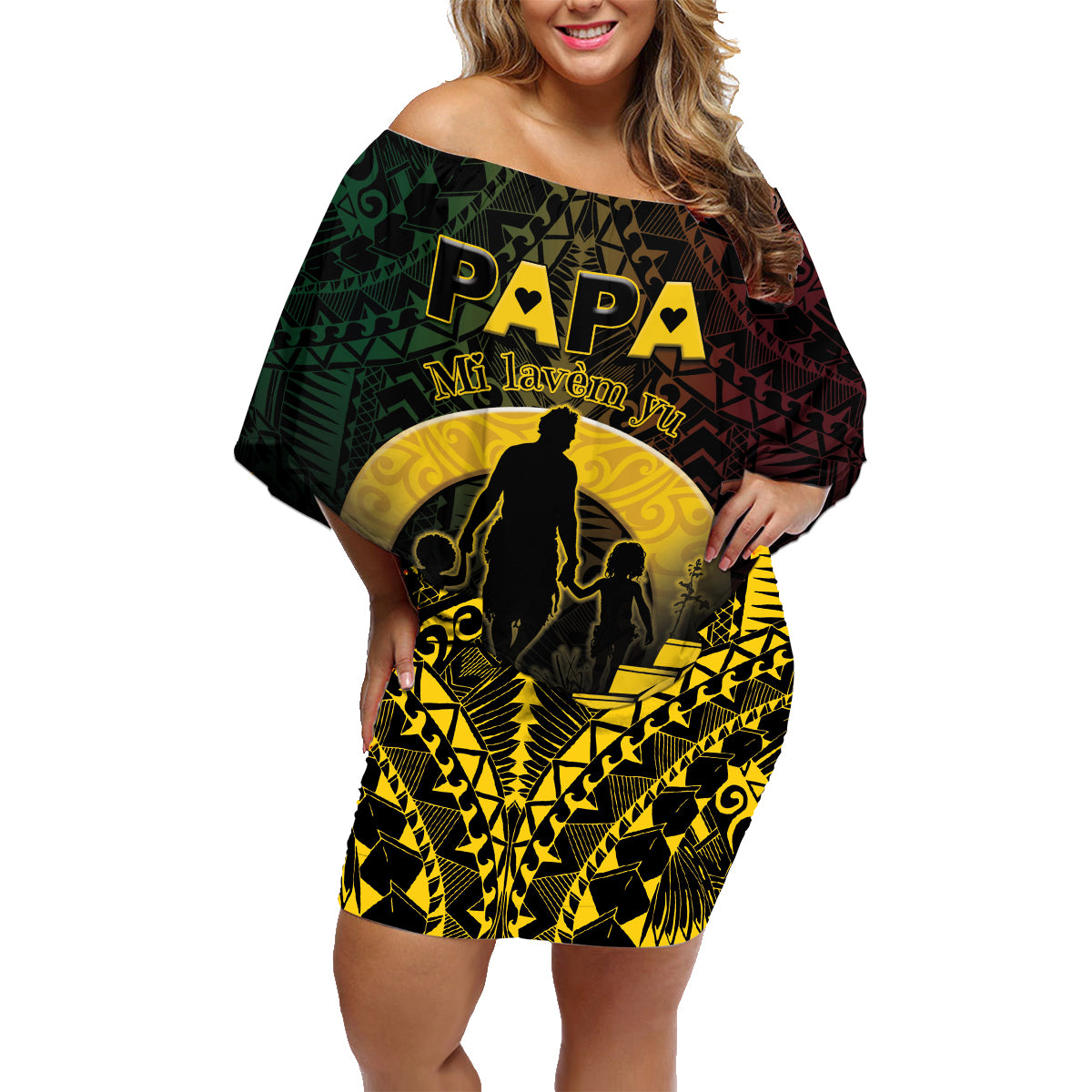 Personalised Vanuatu Happy Father's Day Family Matching Off Shoulder Short Dress and Hawaiian Shirt Mi Lavem Yu Papa Polynesian Tribal LT05 Mom's Dress Reggae - Polynesian Pride