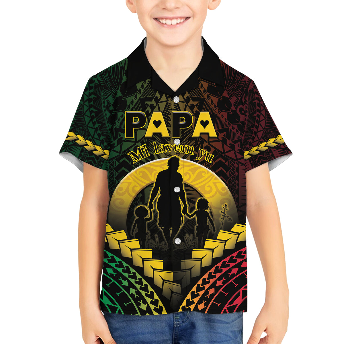 Personalised Vanuatu Happy Father's Day Family Matching Off Shoulder Short Dress and Hawaiian Shirt Mi Lavem Yu Papa Polynesian Tribal LT05 Son's Shirt Reggae - Polynesian Pride