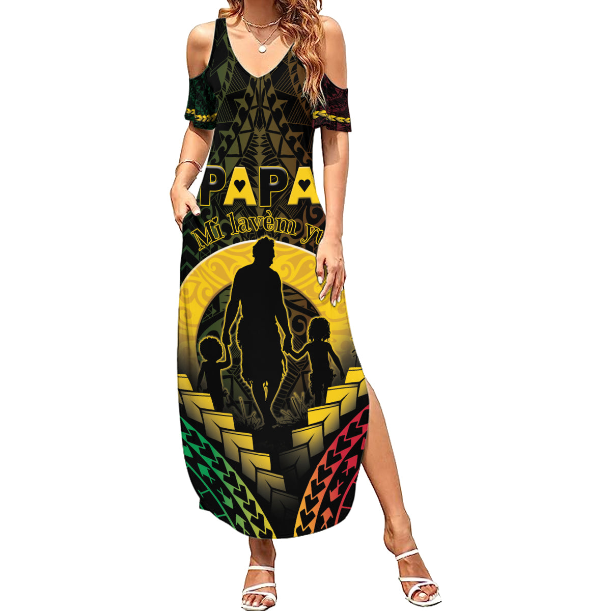 Personalised Vanuatu Happy Father's Day Family Matching Summer Maxi Dress and Hawaiian Shirt Mi Lavem Yu Papa Polynesian Tribal LT05 Mom's Dress Reggae - Polynesian Pride