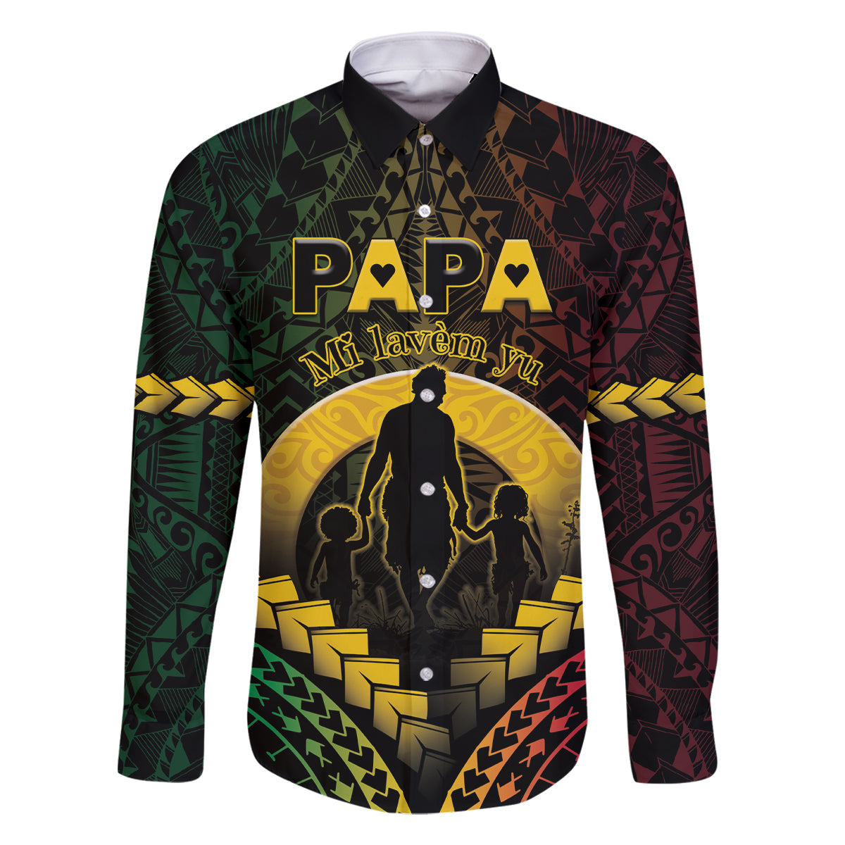 Personalised Vanuatu Happy Father's Day Family Matching Tank Maxi Dress and Hawaiian Shirt Mi Lavem Yu Papa Polynesian Tribal LT05 Dad's Shirt - Long Sleeve Reggae - Polynesian Pride