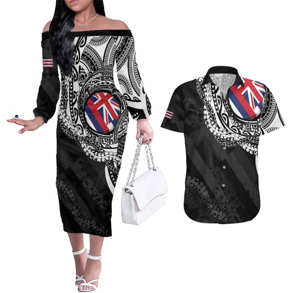 Hawaii Flag Day Couples Matching Off The Shoulder Long Sleeve Dress and Hawaiian Shirt Hawaiian Maile Lei LT05 Black - Polynesian Pride