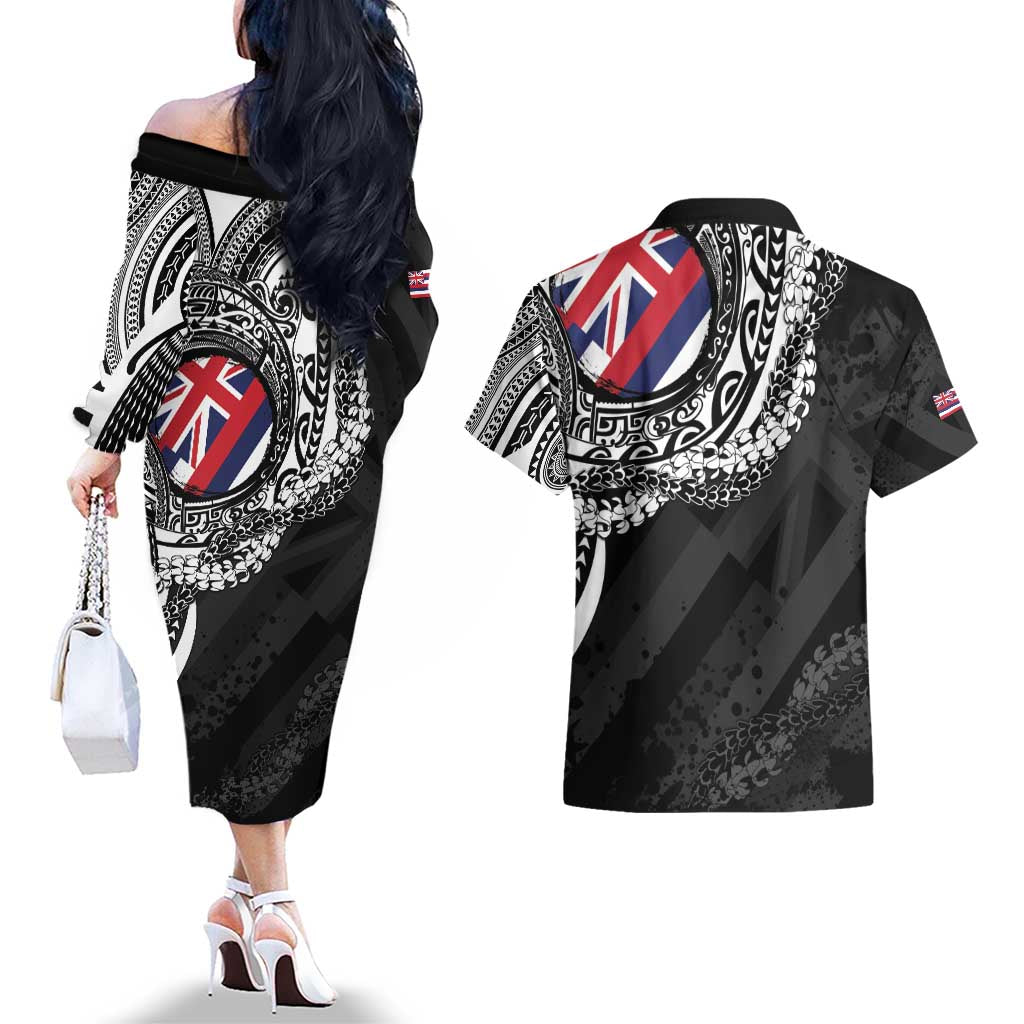 Hawaii Flag Day Couples Matching Off The Shoulder Long Sleeve Dress and Hawaiian Shirt Hawaiian Maile Lei LT05 - Polynesian Pride