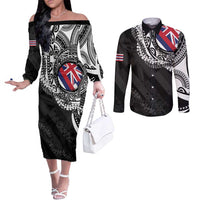 Hawaii Flag Day Couples Matching Off The Shoulder Long Sleeve Dress and Long Sleeve Button Shirt Hawaiian Maile Lei LT05 Black - Polynesian Pride