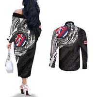 Hawaii Flag Day Couples Matching Off The Shoulder Long Sleeve Dress and Long Sleeve Button Shirt Hawaiian Maile Lei LT05 - Polynesian Pride