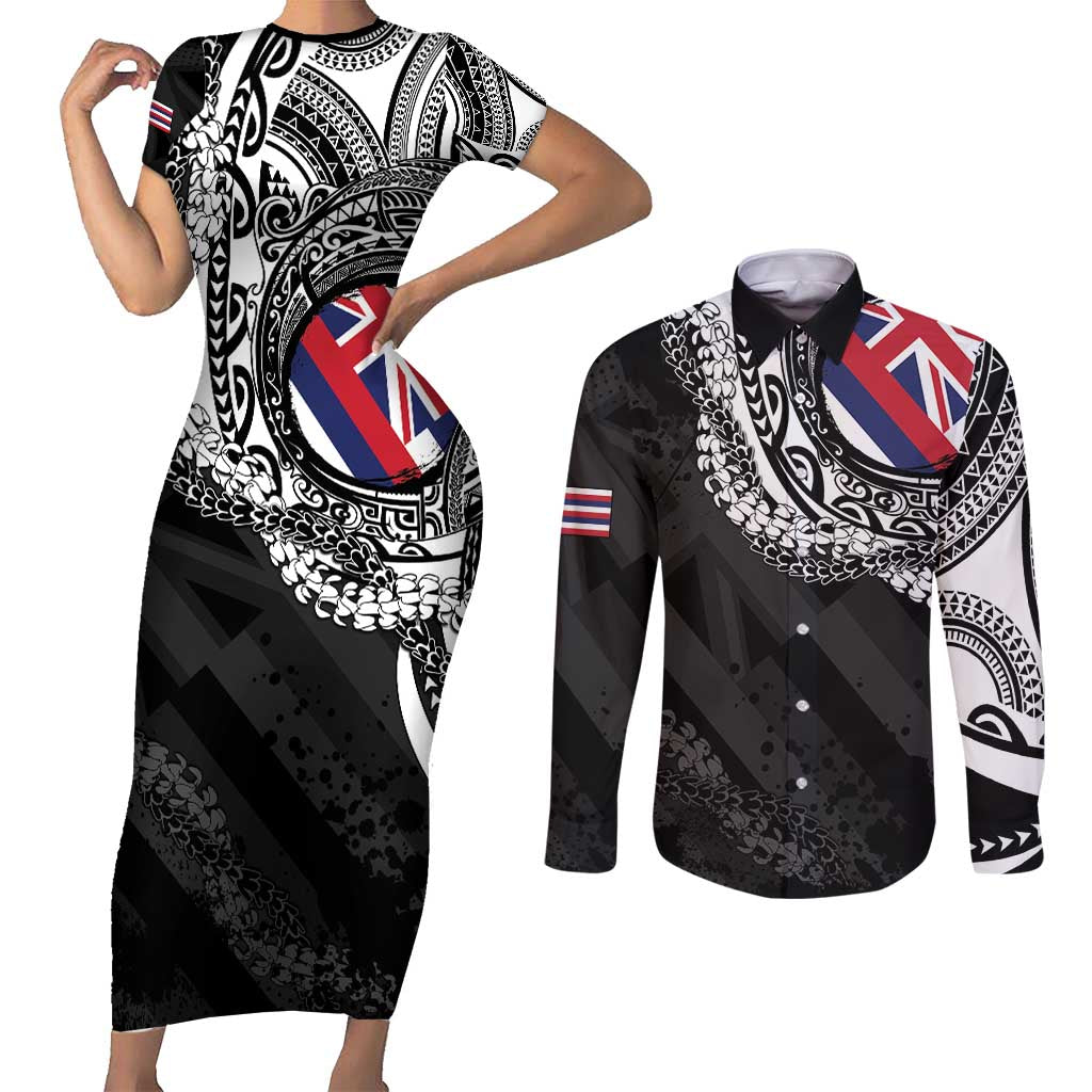 Hawaii Flag Day Couples Matching Short Sleeve Bodycon Dress and Long Sleeve Button Shirt Hawaiian Maile Lei LT05 Black - Polynesian Pride
