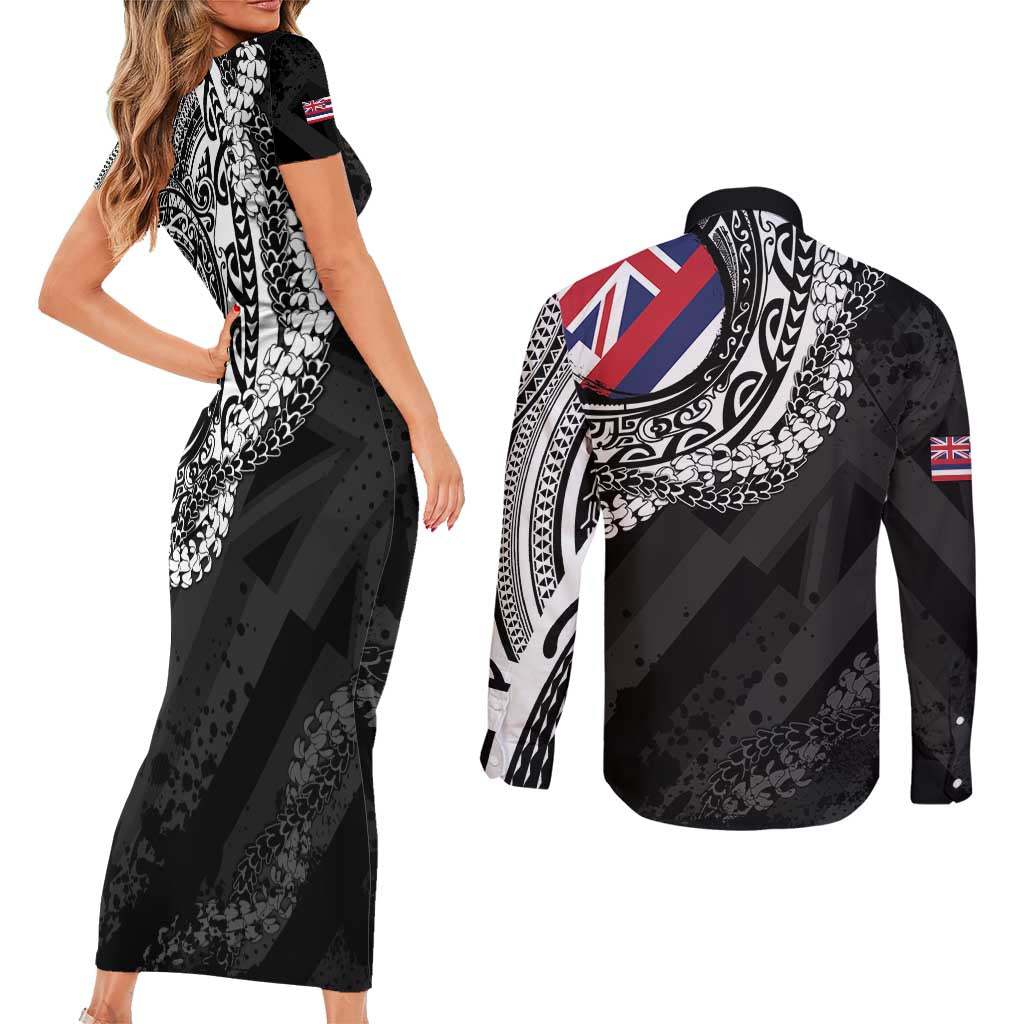 Hawaii Flag Day Couples Matching Short Sleeve Bodycon Dress and Long Sleeve Button Shirt Hawaiian Maile Lei LT05 - Polynesian Pride