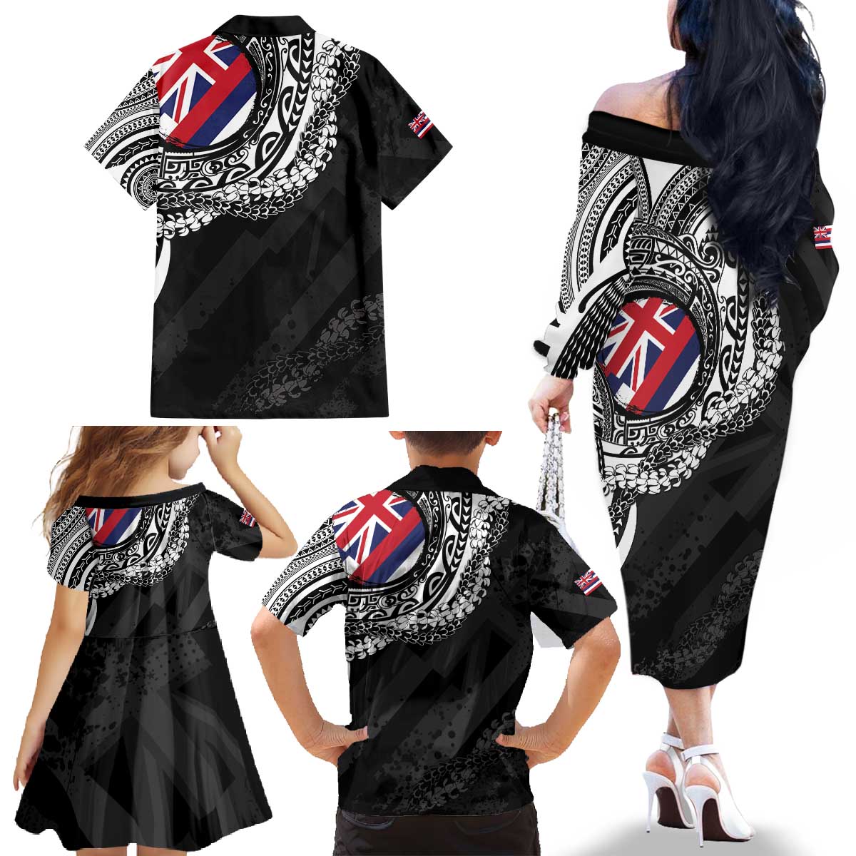 Hawaii Flag Day Family Matching Off The Shoulder Long Sleeve Dress and Hawaiian Shirt Hawaiian Maile Lei LT05 - Polynesian Pride