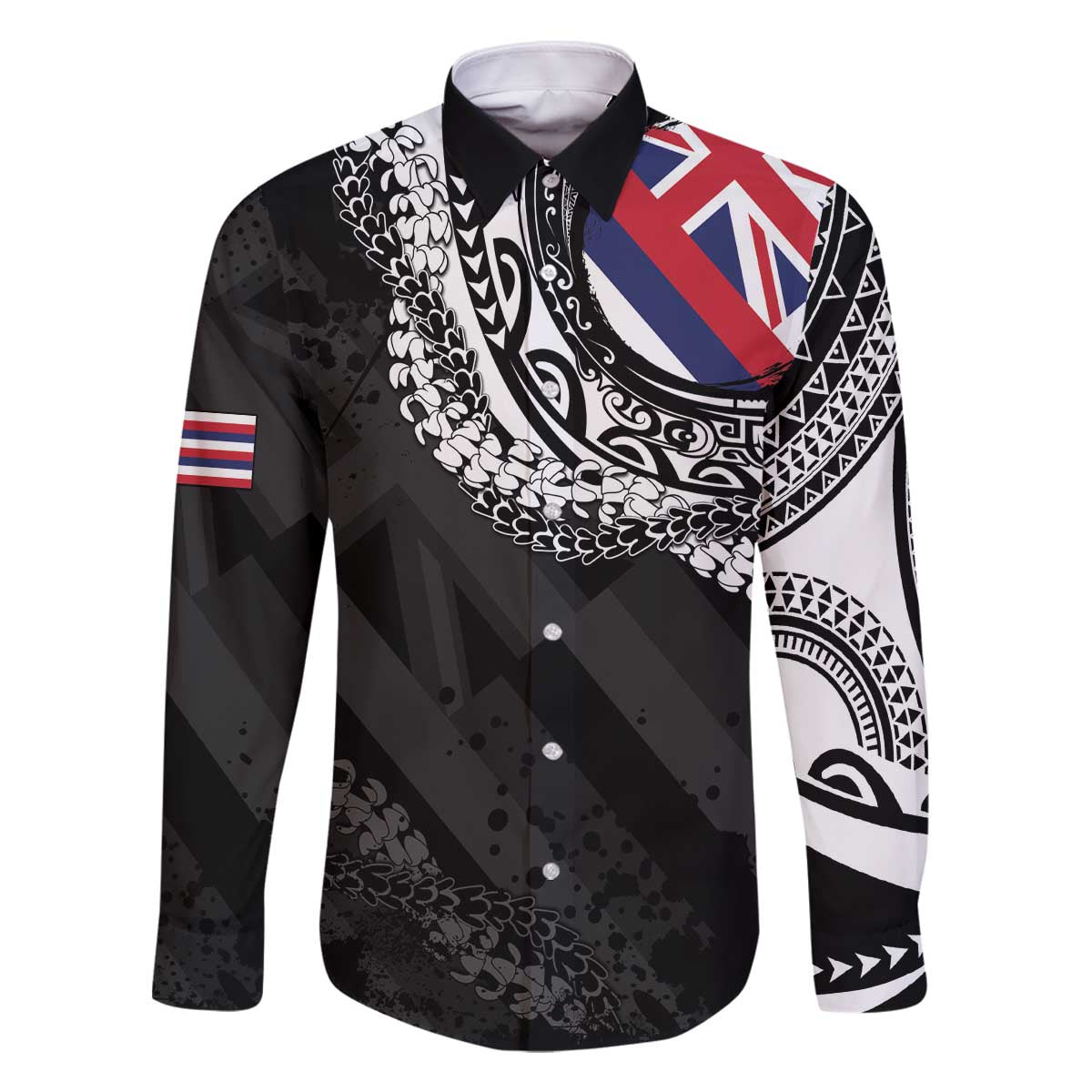 Hawaii Flag Day Family Matching Off The Shoulder Long Sleeve Dress and Hawaiian Shirt Hawaiian Maile Lei LT05 Dad's Shirt - Long Sleeve Black - Polynesian Pride