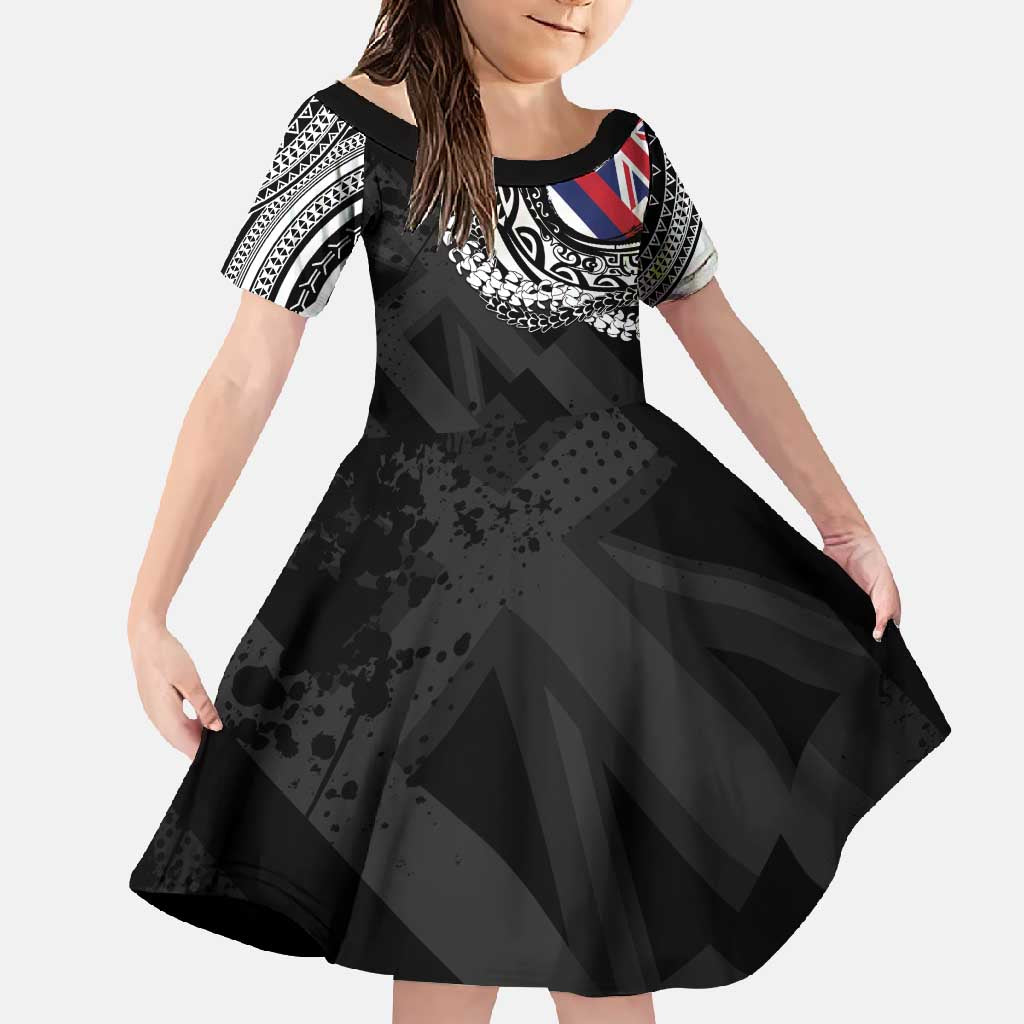 Hawaii Flag Day Family Matching Off Shoulder Maxi Dress and Hawaiian Shirt Hawaiian Maile Lei LT05 Daughter's Dress Black - Polynesian Pride