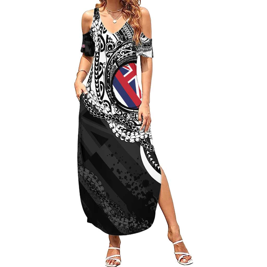 Hawaii Flag Day Family Matching Summer Maxi Dress and Hawaiian Shirt Hawaiian Maile Lei LT05 Mom's Dress Black - Polynesian Pride