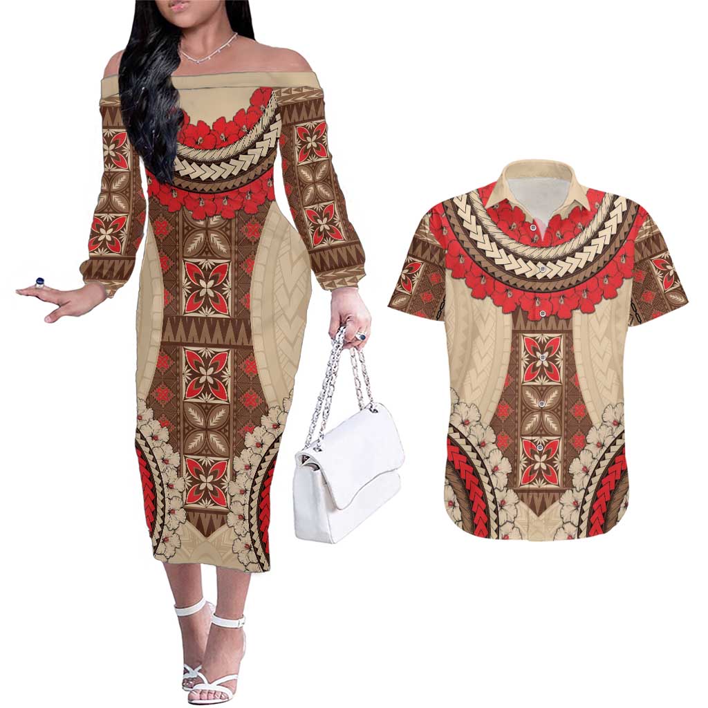 Samoa Language Week Couples Matching Off The Shoulder Long Sleeve Dress and Hawaiian Shirt Samoan Motif With Red Hibiscus LT05 Beige - Polynesian Pride