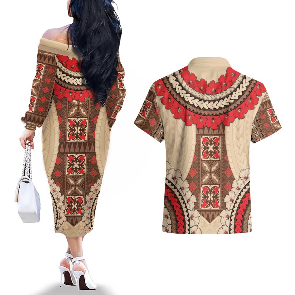 Samoa Language Week Couples Matching Off The Shoulder Long Sleeve Dress and Hawaiian Shirt Samoan Motif With Red Hibiscus LT05 - Polynesian Pride