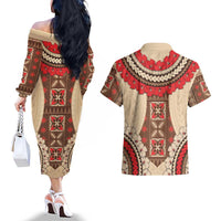 Samoa Language Week Couples Matching Off The Shoulder Long Sleeve Dress and Hawaiian Shirt Samoan Motif With Red Hibiscus LT05 - Polynesian Pride