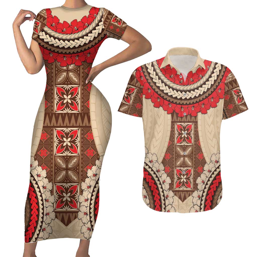 Samoa Language Week Couples Matching Short Sleeve Bodycon Dress and Hawaiian Shirt Samoan Motif With Red Hibiscus LT05 Beige - Polynesian Pride