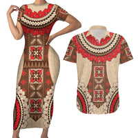Samoa Language Week Couples Matching Short Sleeve Bodycon Dress and Hawaiian Shirt Samoan Motif With Red Hibiscus LT05 Beige - Polynesian Pride