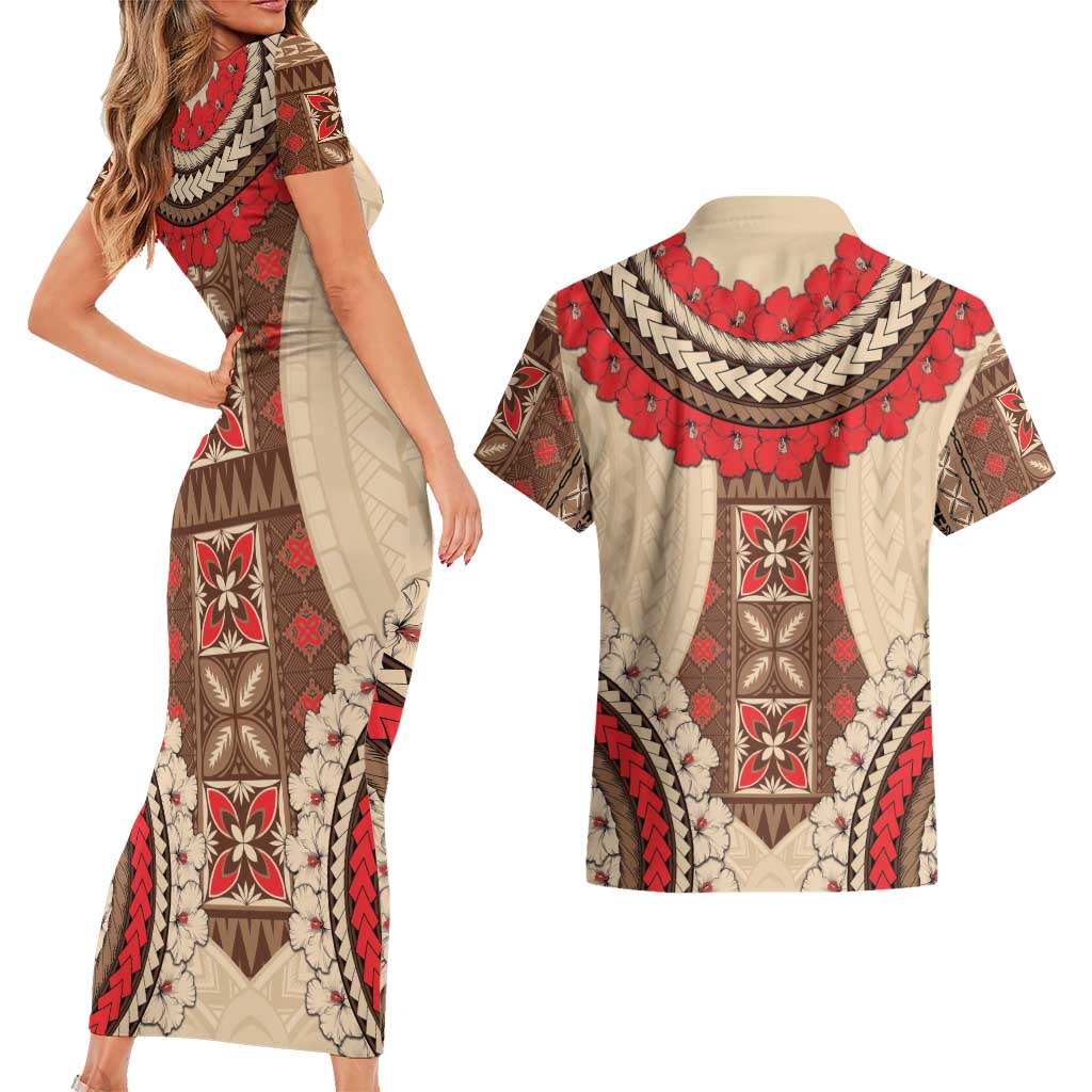 Samoa Language Week Couples Matching Short Sleeve Bodycon Dress and Hawaiian Shirt Samoan Motif With Red Hibiscus LT05 - Polynesian Pride