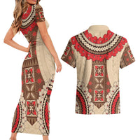 Samoa Language Week Couples Matching Short Sleeve Bodycon Dress and Hawaiian Shirt Samoan Motif With Red Hibiscus LT05 - Polynesian Pride