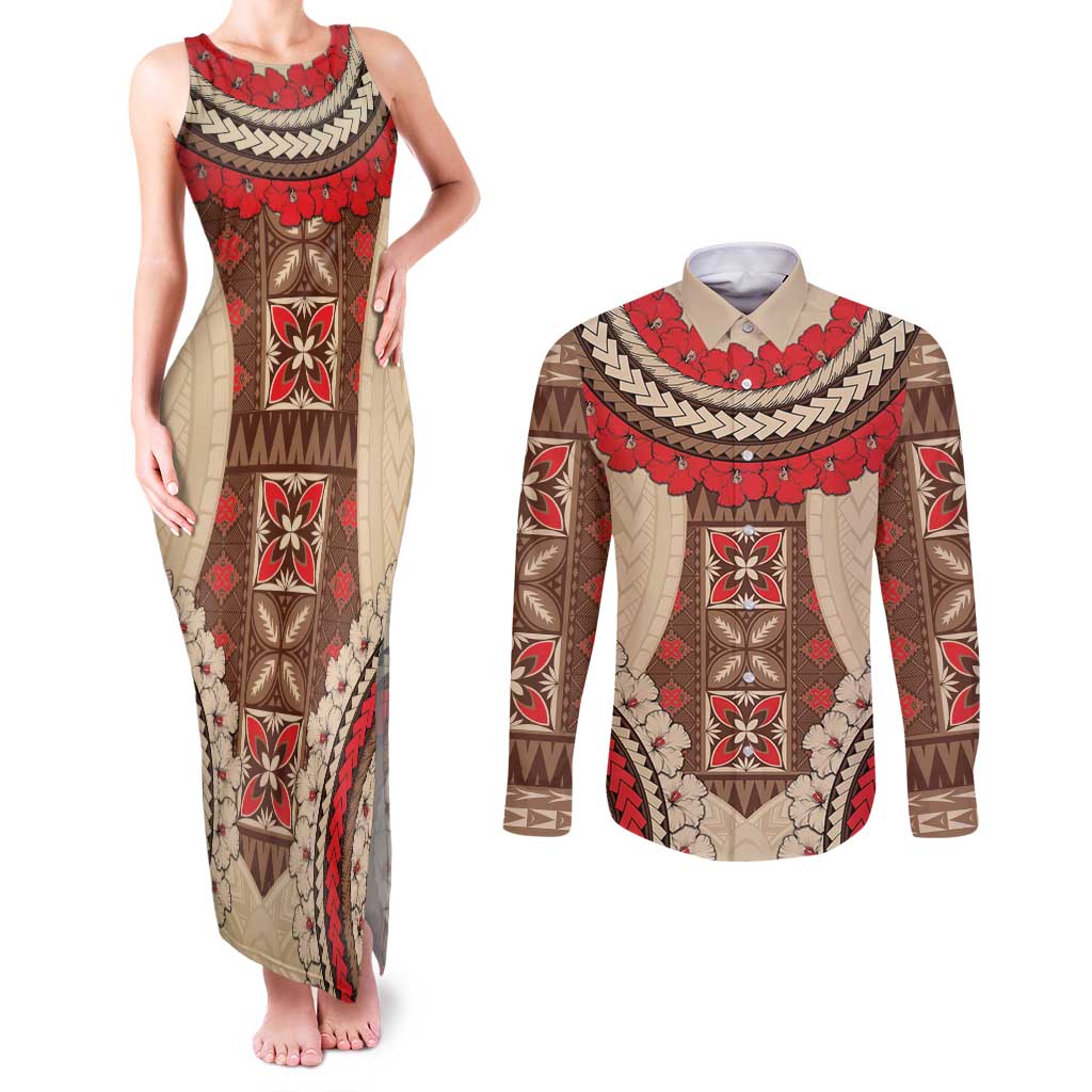 Samoa Language Week Couples Matching Tank Maxi Dress and Long Sleeve Button Shirt Samoan Motif With Red Hibiscus LT05 Beige - Polynesian Pride