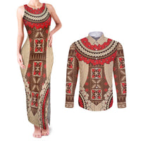 Samoa Language Week Couples Matching Tank Maxi Dress and Long Sleeve Button Shirt Samoan Motif With Red Hibiscus LT05 Beige - Polynesian Pride