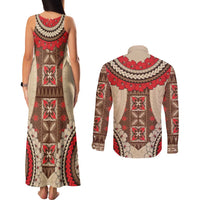 Samoa Language Week Couples Matching Tank Maxi Dress and Long Sleeve Button Shirt Samoan Motif With Red Hibiscus LT05 - Polynesian Pride