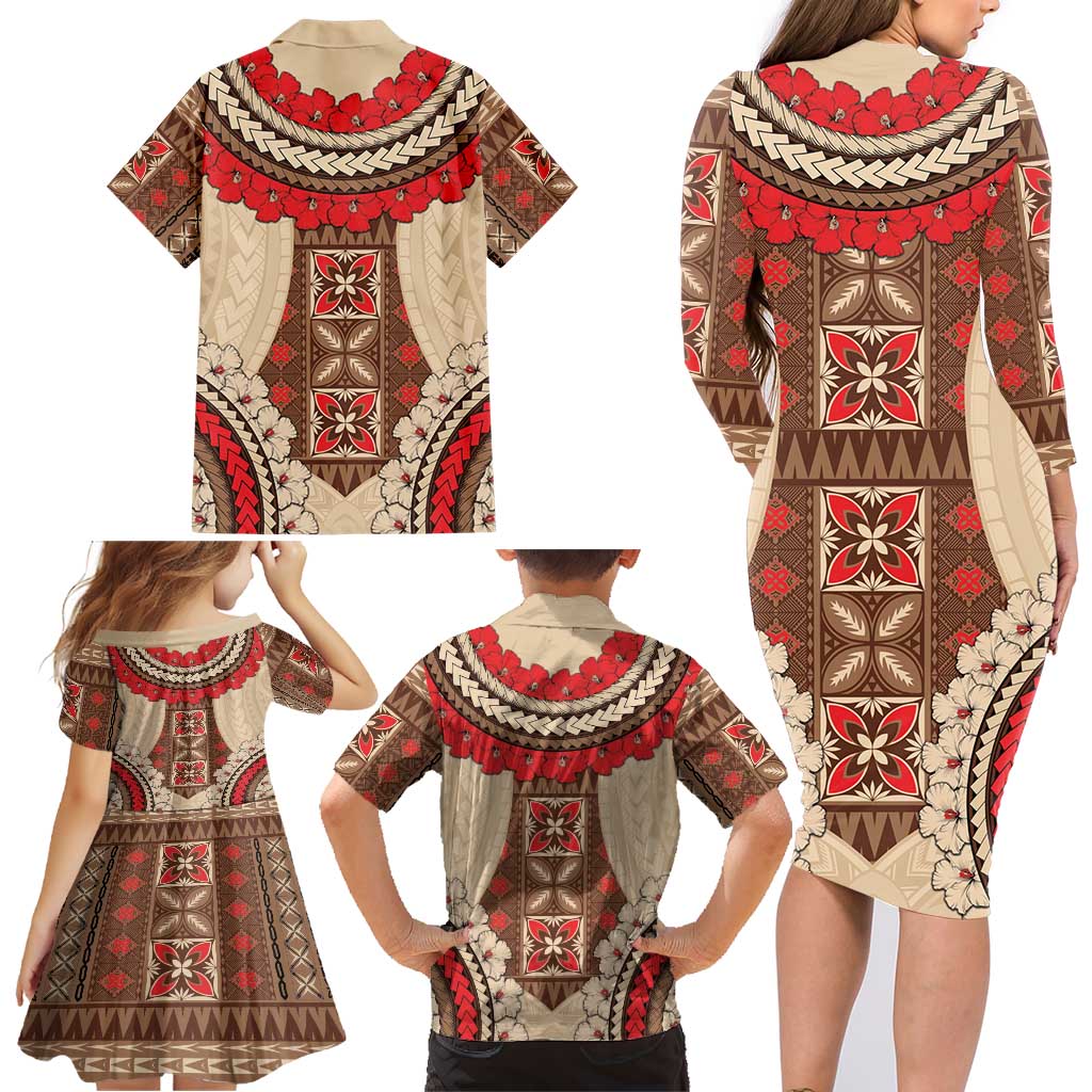 Samoa Language Week Family Matching Long Sleeve Bodycon Dress and Hawaiian Shirt Samoan Motif With Red Hibiscus LT05 - Polynesian Pride