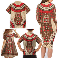 Samoa Language Week Family Matching Long Sleeve Bodycon Dress and Hawaiian Shirt Samoan Motif With Red Hibiscus LT05 - Polynesian Pride